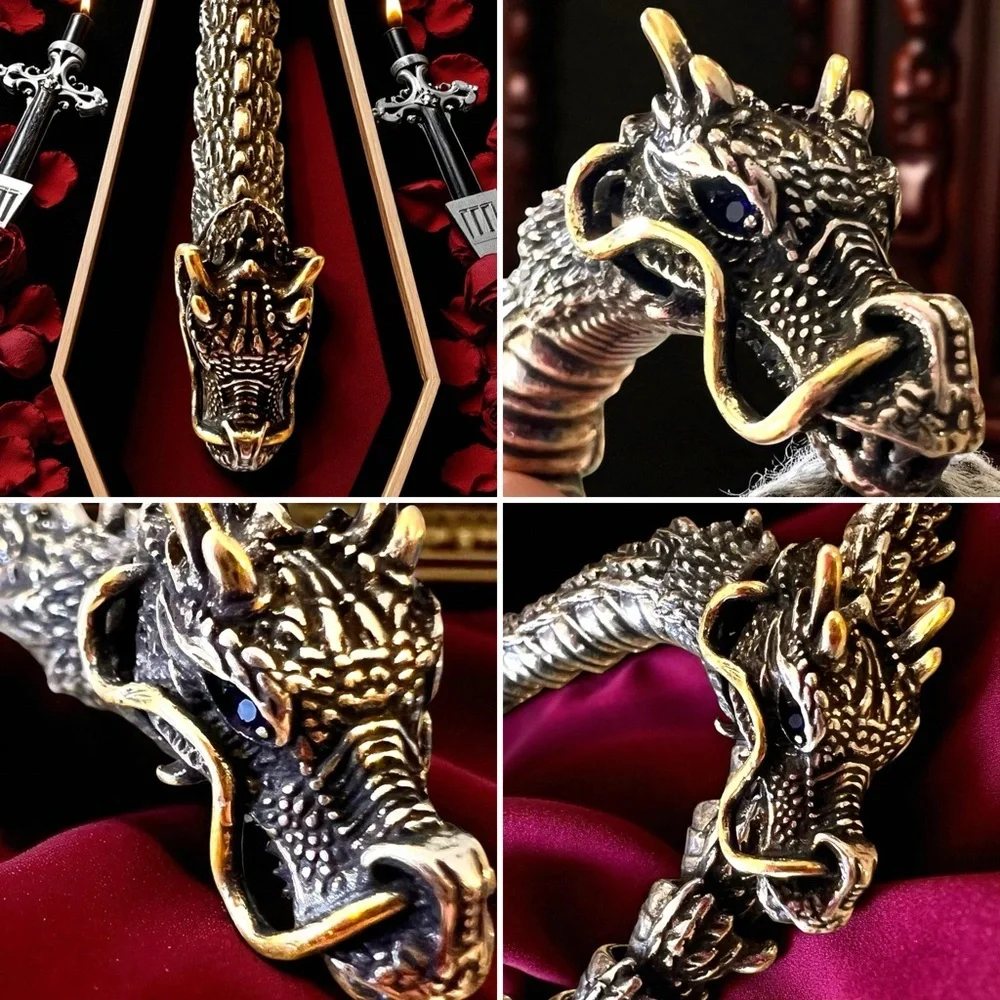 Bold Silver and Brass Toned Ouroboros Blue Eyed Dragon Bracelet 8.5”